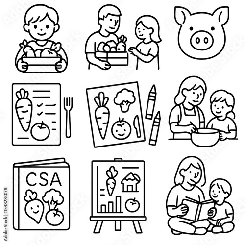 CSA Kids Icons. Line style icons of CSA for kids and families: child with mini veggie box, parent and child at pickup, farm animal