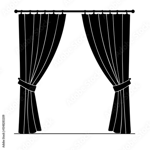 Elegant black curtains with tiebacks, hanging from a simple rod.  Curtains add sophisticated touch to any room's design.