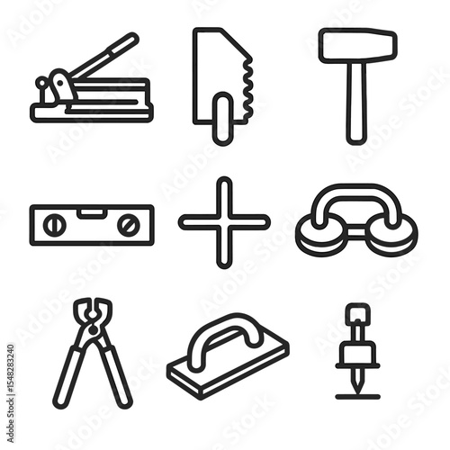 Tile Laying Tools Icons. Line style icons of tile laying tools: tile cutter, notched trowel, rubber mallet, spirit level, tile