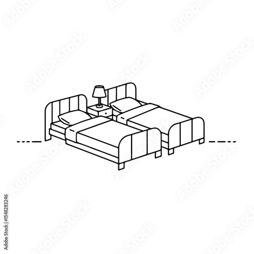 Twin beds bedroom furniture arrangement. Comfortable twin beds setup ideal for small spaces. Simple twin bed design perfect for guests or children's rooms.