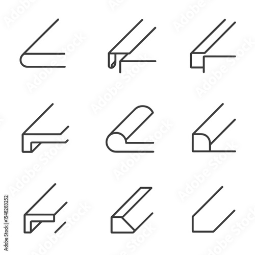 Tile Edge Icons. Line style icons of tile edge finishes: bullnose edge, metal trim profile, transition strip icon, stair nosing
