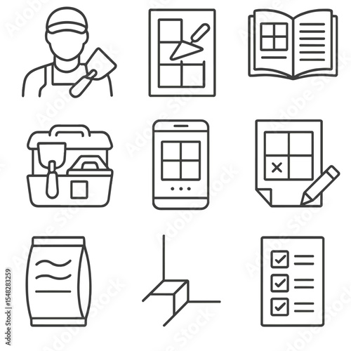 DIY Tile Installation Icons. Line style icons of DIY tile installation: homeowner with trowel, how-to tile guide icon, instruction
