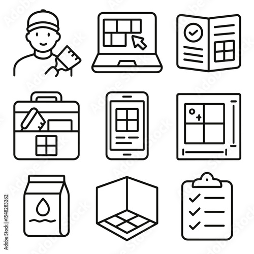 DIY Tile Installation Icons. Line style icons of DIY tile installation: homeowner with trowel, how-to tile guide icon, instruction