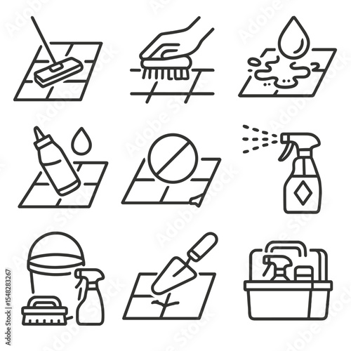 Tile Care Icons. Line style icons of maintenance and tile care: mopping tiled floor, soft brush cleaning grout, stain removal icon