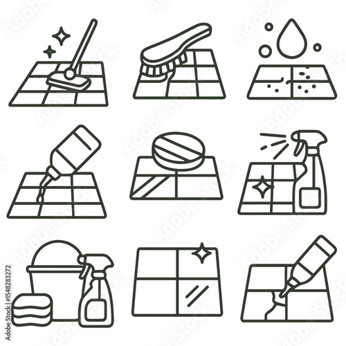 Tile Care Icons. Line style icons of maintenance and tile care: mopping tiled floor, soft brush cleaning grout, stain removal icon