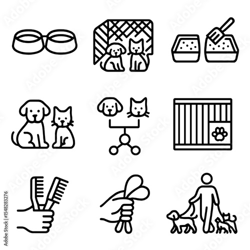 Multi-Pet Household Icons. Line style icons of multi-pet household care: double feeder bowls, pet play area, shared litter zone,