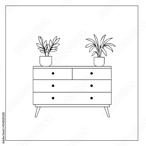 Modern dresser with two potted plants. Stylish mid century modern dresser with simple line art design.  Home decor concept featuring simple dresser and plants for interior design projects.