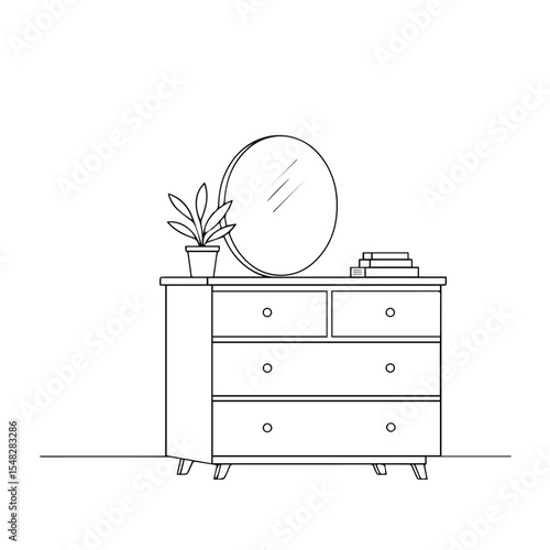 Simple dresser with round mirror and potted plant. Modern bedroom furniture includes five-drawer dresser, decorative mirror, and small potted plant.