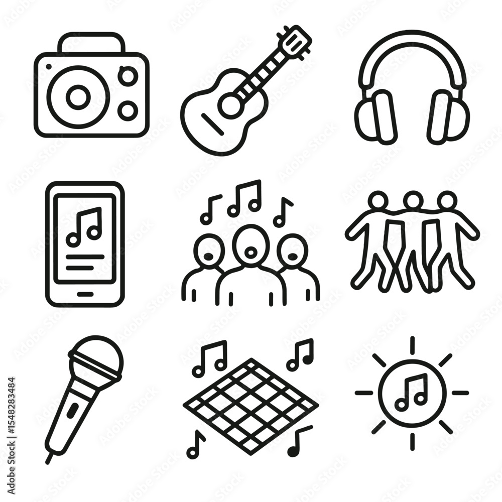 Fototapeta premium Picnic Music Icons. Line style icons of picnic music and entertainment: portable speaker, acoustic guitar, headphone resting,