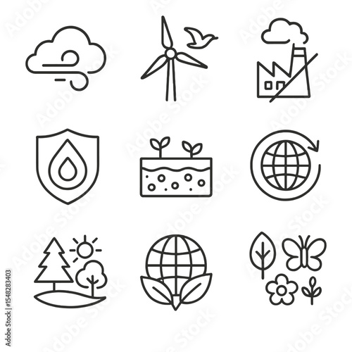 Clean Energy Icons. Line style icons of environmental benefits from clean energy: clean air icon, wildlife-friendly turbine,