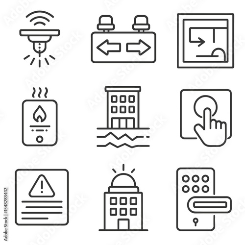 Emergency Tech Icons. Line style icons of emergency and safety tech: smart fire sprinkler, emergency exit lights, building