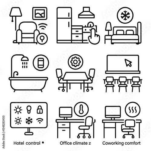 Smart Room Controls Icons. Line style icons of room-based smart controls: living room automation, smart kitchen controls, bedroom