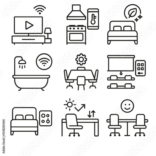 Smart Room Controls Icons. Line style icons of room-based smart controls: living room automation, smart kitchen controls, bedroom