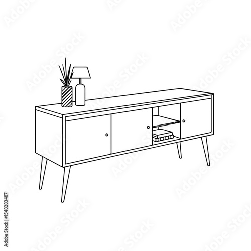 Mid-century modern sideboard with three doors and open shelf.  Stylish sideboard design features clean lines and tapered legs.  Simple sideboard perfect for living room furniture,
