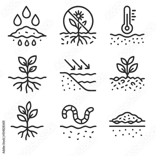 Icons of Mulching Benefits. Line style icons of mulching benefits: moisture retention symbol, weed suppression icon, soil
