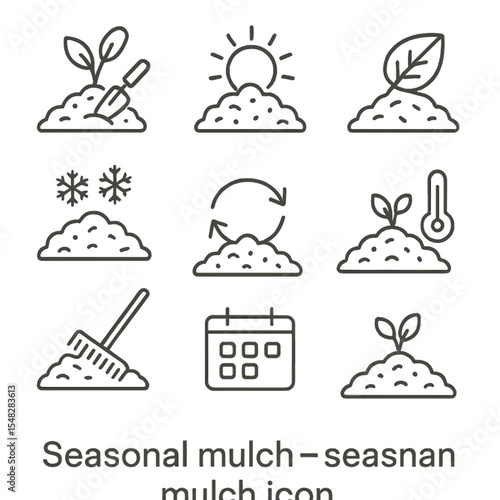 Seasonal Mulch Overview. Line style icons of seasonal mulching: spring mulch prep, summer heat retention, autumn leaf mulch,