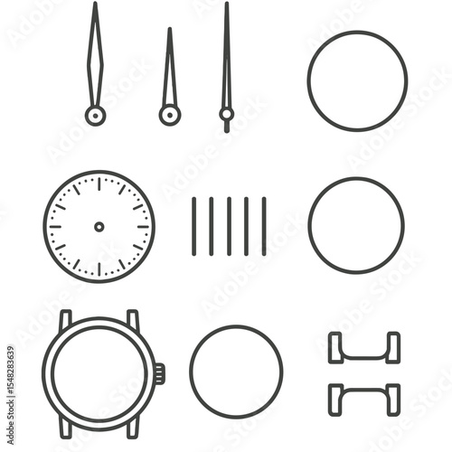 Watch Component Icons. Line style icons of analog watch components: hour hand, minute hand, second hand, dial face, hour markers,