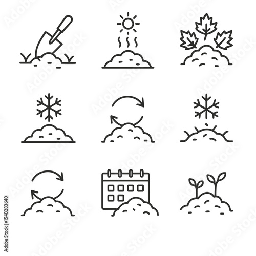 Seasonal Mulch Overview. Line style icons of seasonal mulching: spring mulch prep, summer heat retention, autumn leaf mulch,