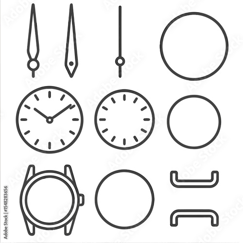 Watch Component Icons. Line style icons of analog watch components: hour hand, minute hand, second hand, dial face, hour markers,
