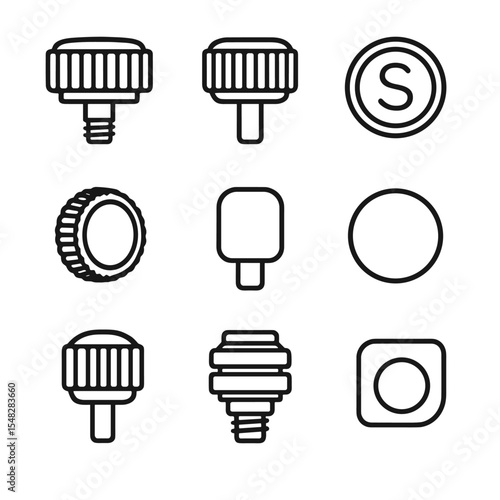 Watch Crown Icons. Line style icons of watch crown and buttons: screw-down crown, push-pull crown, signed crown, knurled edge