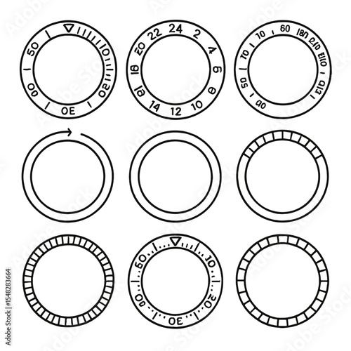 Watch Bezel Icons. Line style icons of bezel types and functions: dive bezel, GMT bezel, tachymeter bezel, rotating bezel, fixed
