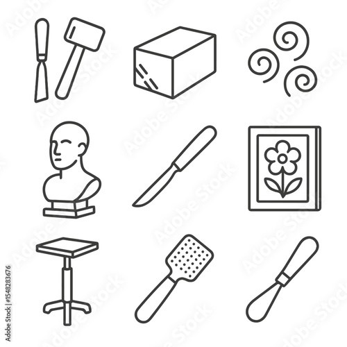 Line Style Sculpting Icons. Line style icons of sculpture and carving: chisel and mallet, stone block, wood shavings, clay bust,