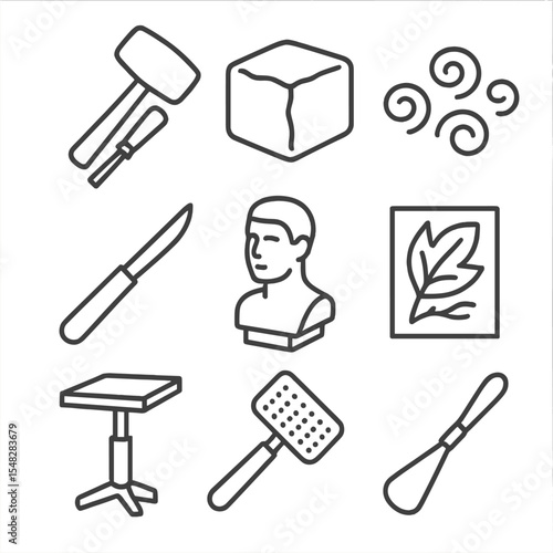 Line Style Sculpting Icons. Line style icons of sculpture and carving: chisel and mallet, stone block, wood shavings, clay bust,