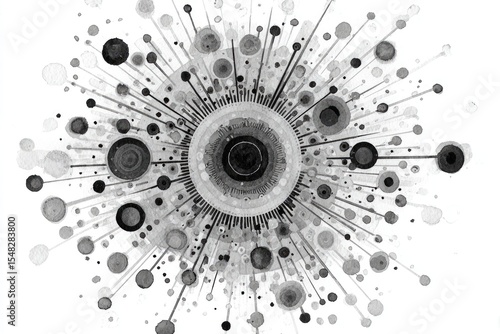 Abstract Ink Circles and Dots Radiating from Center
