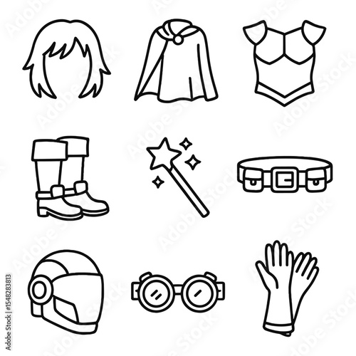 Cosplay Costume Icons. Line style icons of cosplay costume elements: character wig, hero cape, armor chest plate, fantasy boots,