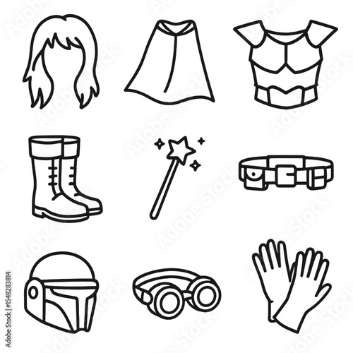 Cosplay Costume Icons. Line style icons of cosplay costume elements: character wig, hero cape, armor chest plate, fantasy boots,