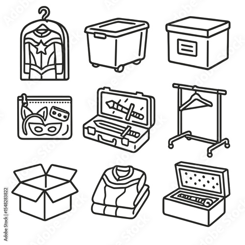 Cosplay Storage Icons. Line style icons of cosplay storage and transport: costume garment bag, wheeled storage bin, labeled box,