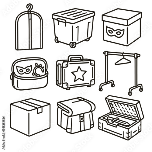 Cosplay Storage Icons. Line style icons of cosplay storage and transport: costume garment bag, wheeled storage bin, labeled box,