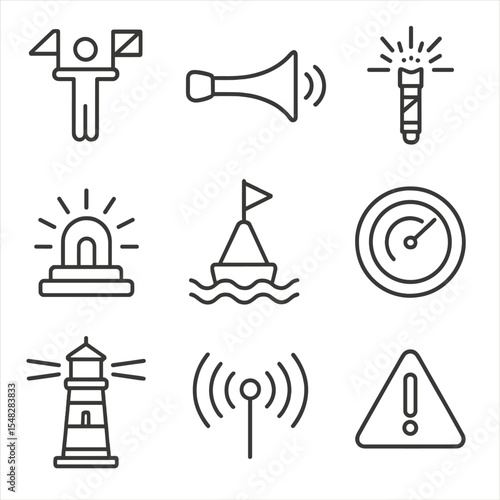 Maritime Signal Icons. Line style icons of maritime signals: semaphore flag, horn symbol, distress flare, SOS light, navigation