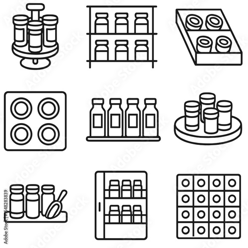 Spice Storage Icons. Line style icons of spice storage systems: spice carousel, wall spice rack, tiered drawer insert, magnetic