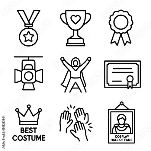 Cosplay Awards Icons. Line style icons of cosplay celebration and awards: cosplay medal, fan-favorite trophy, judge’s ribbon,