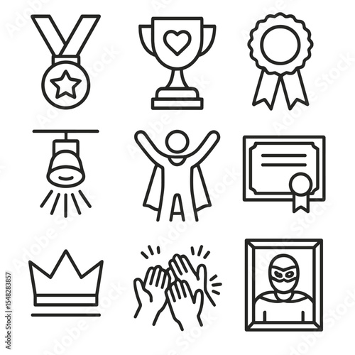 Cosplay Awards Icons. Line style icons of cosplay celebration and awards: cosplay medal, fan-favorite trophy, judge’s ribbon,