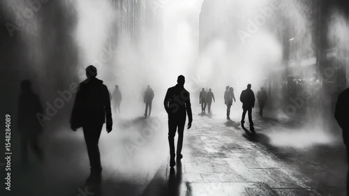 A group of people walking down a street in the fog