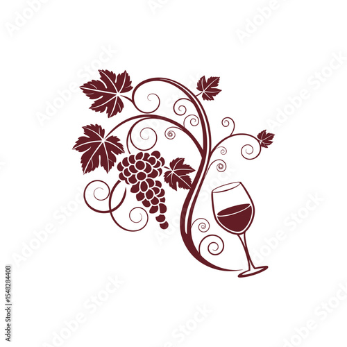 Elegant maroon grapevine illustration with wine glass, perfect for wine labels or restaurant menus.