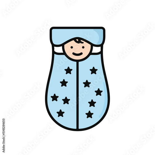 A sweet baby illustration in blue sleeping bag with stars on it.