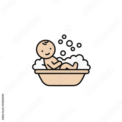 Adorable baby enjoys a relaxing bath surrounded by bubbles. 