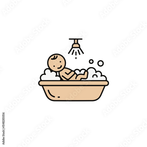 A baby enjoying bath time in a tub with a shower.