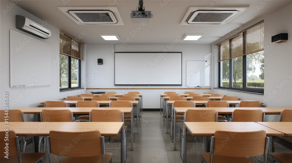 Fototapeta premium Simple rectangular room with mounted projector and large blank wall opposite