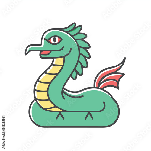 Stylized green sea dragon with red fin and yellow belly design