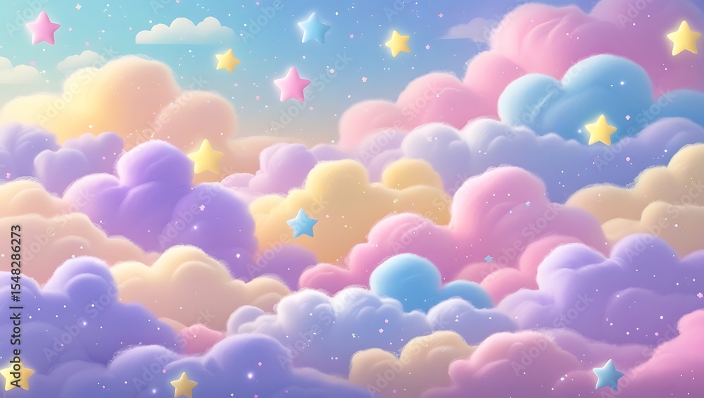 Pastel Cloudscape Dreamland Whimsical Illustration of Fluffy Clouds and Stars Pastel Cloudscape Dreamland Whimsical Illustration of Fluffy Clouds and Stars