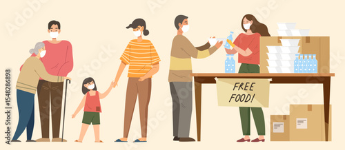 Young woman volunteer give foods and drinks to people who suffered from COVID-19.Flat vector illustration of free food sharing to help people, homeless, unemployed, people effected from virus epidemic