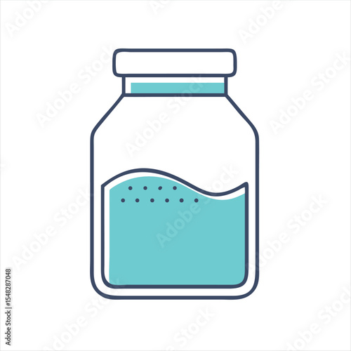 Illustration of a medicine bottle with a blue liquid inside the bottle