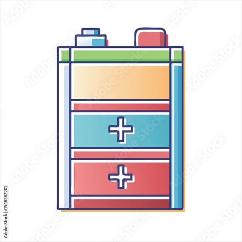 Colorful cartoon car battery with a plus symbol, ready to power up