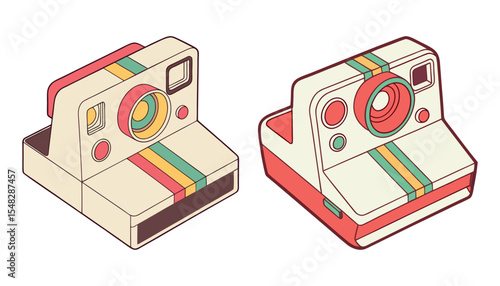 Two retro instant cameras isometric illustration