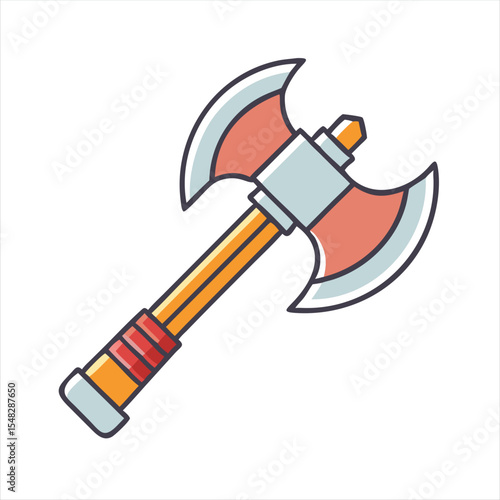 Stylized Cartoon Battle Axe with Two Blades and Wooden Handle Design