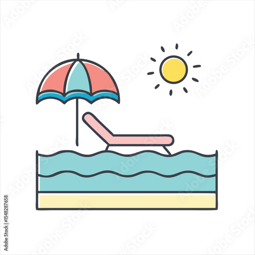 Stylized illustration of a day at the beach, sunbathing and relaxing